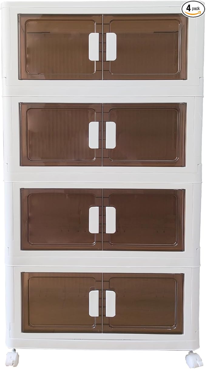 64 Gallons Storage Bins with Lids - Folding Storage box with Doors and Wheels, Collapsible Plastic Storage Bins for Closets, Stackable Storage Organizer (Large-4Tier)