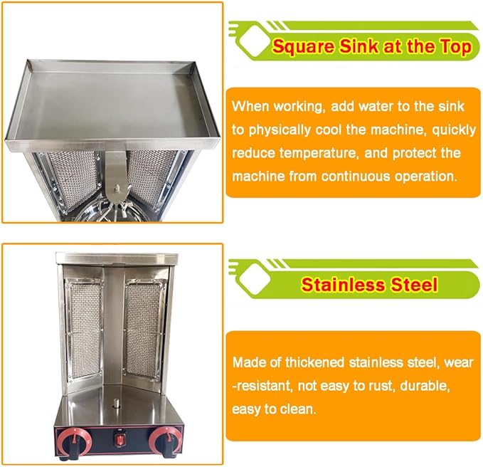 Shawarma Grill Machine LP Gas Gyro Grill Oven Vertical Broiler Rotating Doner Kebab Machine Countertop Rotisserie with 2 Burners for Home Kitchen Adjustable Tempereture