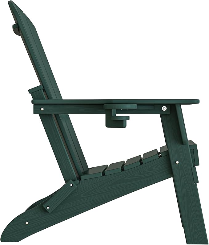 Folding Adirondack Chair, SGS Tested, Wooden Textured with Cup Holder, Heavy All-Weather HDPE Comfortable Set Poolside Backyard Lawn Green