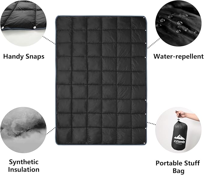 zzlamb Camping Blanket, Compact Lightweight Soft Puffy Blanket Water-Repellent, Packable Warm Quilt Down Alternative Picnic Hiking Backpacking Beach Travel RV Airplane Couch Car