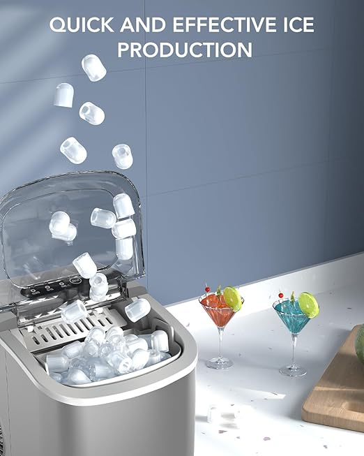 Ice Maker Countertop, Efficient Easy Carry Ice Machine, Self-Cleaning Ice Maker with Ice Scoop & Basket, 9pcs/ 8mins 26.6Lbs Per Day for Home/Office/Kitchen,Grey