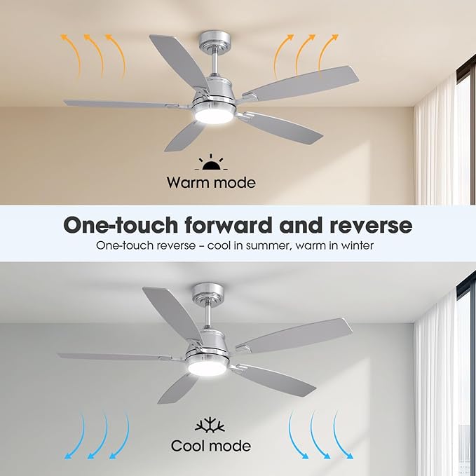 52" Ceiling Fan with Light, Modern Low Profile Ceiling Fan with Light, DC Reversible Motor, Smart APP & Remote Control, Whisper Quiet, Dimmable LED for Bedroom/Living Room
