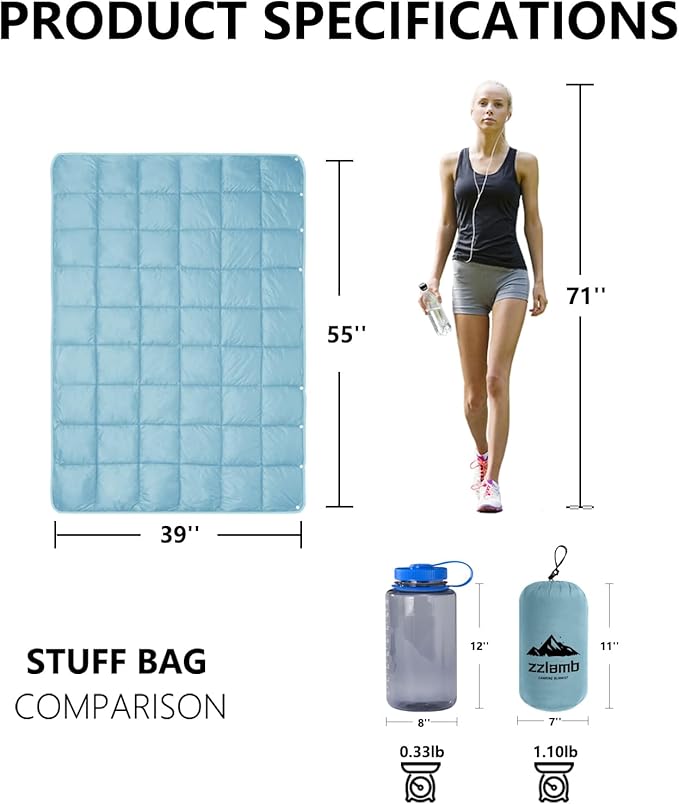 zzlamb Camping Blanket, Compact Lightweight Soft Puffy Blanket Water-Repellent, Packable Warm Quilt Down Alternative Picnic Hiking Backpacking Beach Travel RV Airplane Couch Car