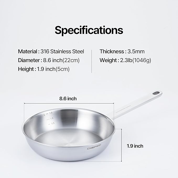 8.6-Inch 316 Stainless Steel Frying Pan, 5-Ply Stainless Steel Saute pan, Deep Skillet, Induction Compatible, Dishwasher & Oven Safe