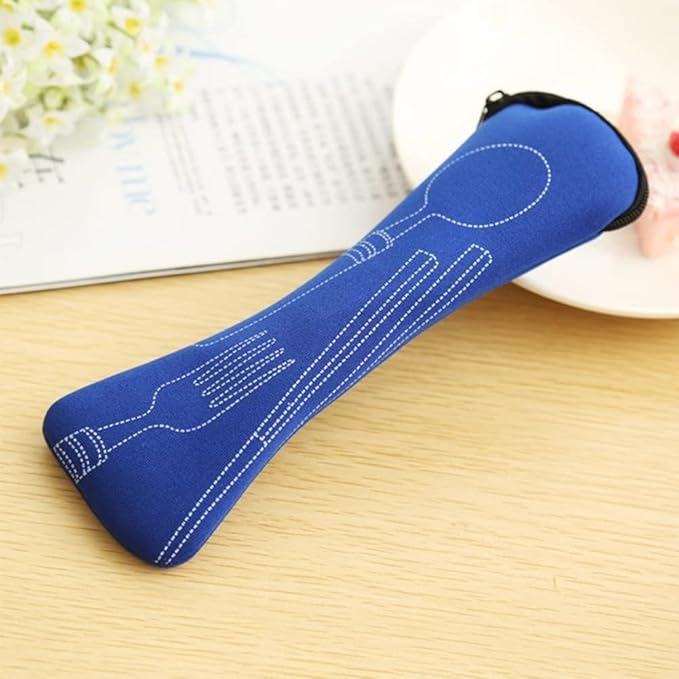 Blue Portable Tableware Bag Outdoor Travel Camping Cutlery Pouch Storage Bag Flatware Tableware Dinnerware Carrying Case for Knife, Fork, Spoon, Tea Spoon, Chopsticks, Bottle Opener, Straws