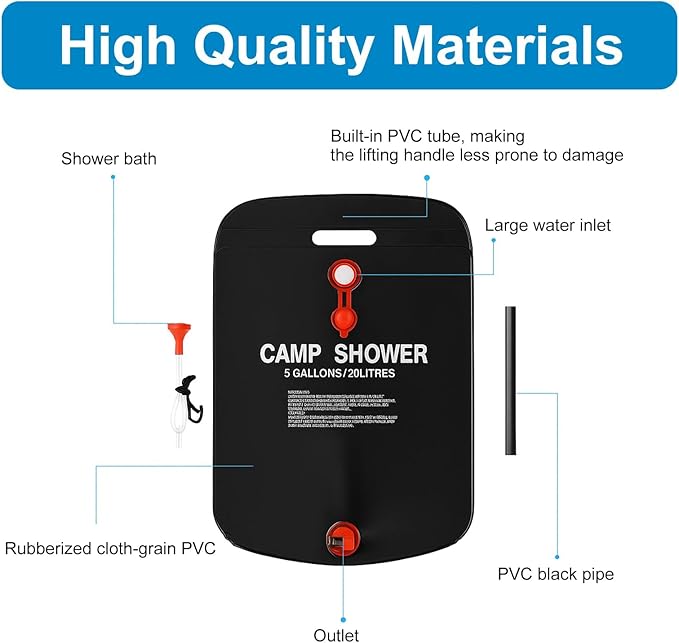 5 GallonsSolar Shower Bag with a Cotton Towel, 20L Portable Solar Heating Camping Shower Bag for Outdoor Traveling Hiking Summer Shower, Cold ＆ Hot Water Hiking Climbing (Black)