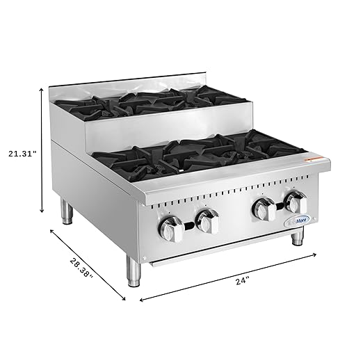 KoolMore KM-CRSU-24 24 in. Commercial Four-Burner Natural Gas Step Up Range, 104000 BTU in Stainless-Steel, ETL Listed