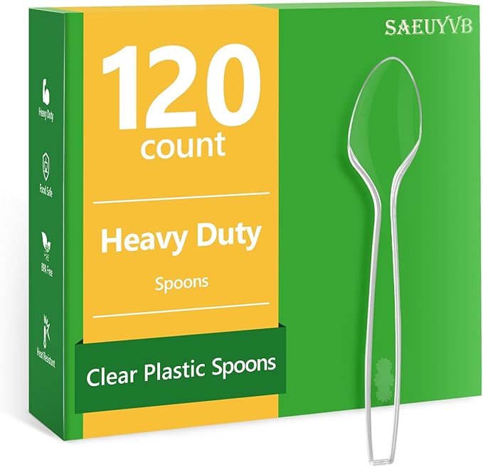 120 Count Plastic Spoons - Premium Disposable Spoons,Clear Plastic Silverware Spoons Heavy Duty,BPA-Free,Heat Resistant,Suitable for Parties,Events and Everyday Use