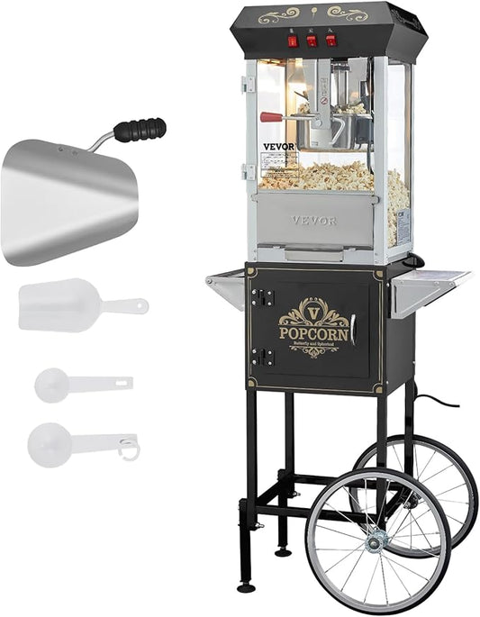 VEVOR Popcorn Maker with Cart, 850W Popcorn Popper Machine, 8 Oz Kettle Makes 48 Cups per Batch, Popcorn Maker Equipped with Tempered Glass, Includes 4 Scoops, Movie Theater Style, Black