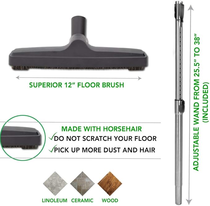 OVO Central Vacuum Carpet Deluxe Accessory Kit, 40ft Dual Voltage Hose with Pigtail, On-Off Switch at The Handle, 6 Adjustable Heights Electric Carpet Beater, 12’’ Floor Brush and Accessories, Black