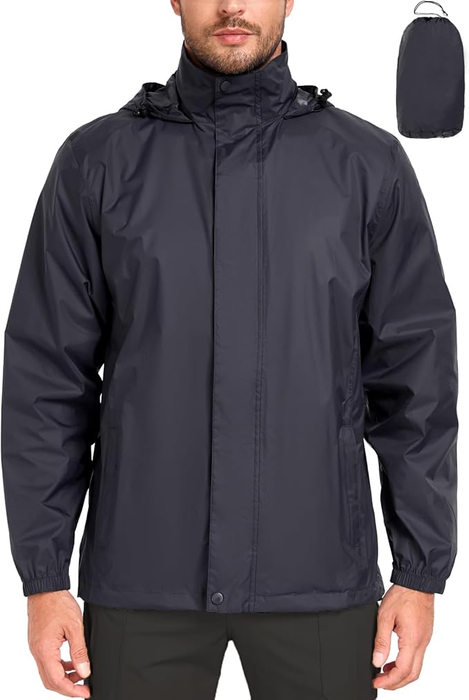 MANSDOUR Men's Packable Rain Jacket Waterproof Lightweight Windbreaker Cycling Golf Hiking Reflective Raincoat with Hood