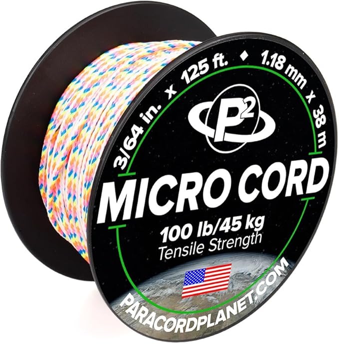 Paracord Planet Micro Paracord – Thin Braided Cord for Crafting, Fishing, and DIY Projects in 125 ft Spools – Light Stripe