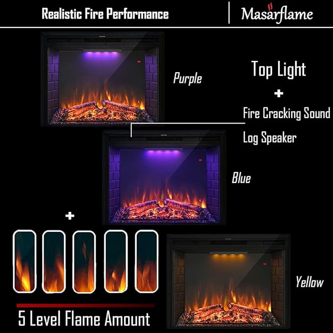 30'' Electric Fireplace Insert, Retro Recessed Fireplace Heater with Fire Cracking Sound, Remote Control & Timer, 750/1500W, Black