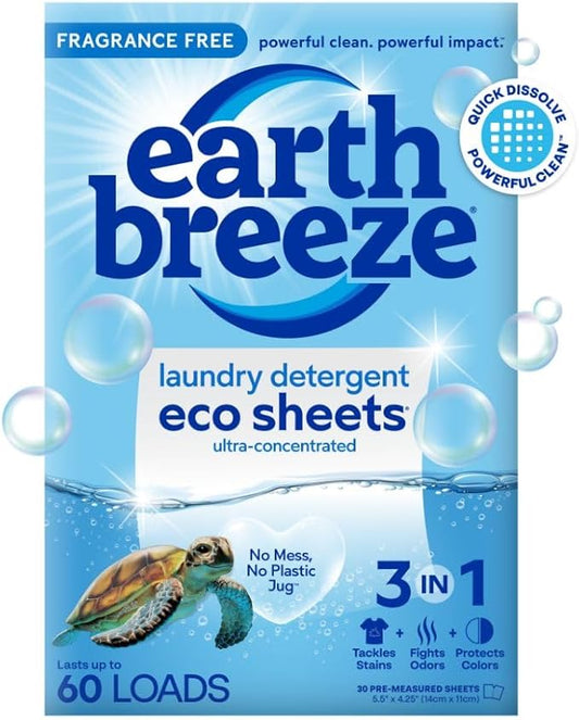 Earth Breeze Laundry Detergent Sheets Fragrance-Free - 60 Loads Eco Liquidless Soap - Travel-Friendly for Hot & Cold Cycles, Tackles Tough Stains & Odors - Gentle on Sensitive Skin, 30 Ct