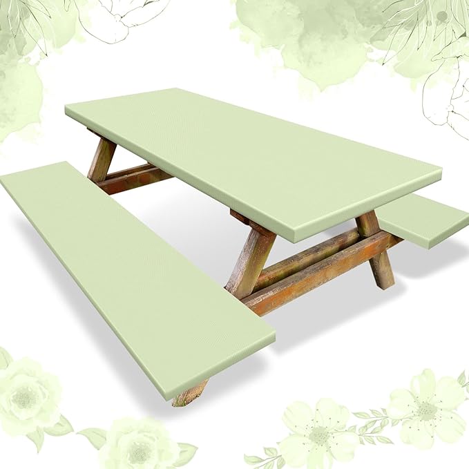 Irenare 3 Pcs Picnic Table and Bench Fitted Tablecloth Cover for 6 Ft Table 30 x 72 Inch Vinyl Fitted Elastic Edges Waterproof Wipeable Tablecloth for Indoor Outdoor Picnics Patio Camping (Sage Green)