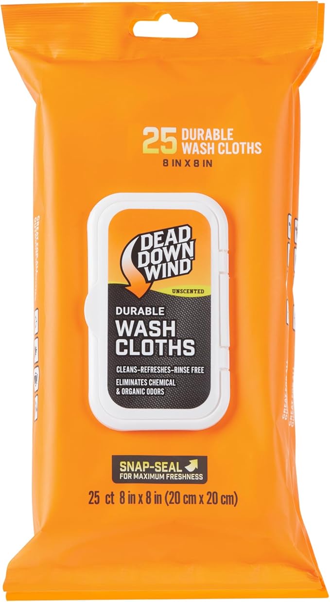 DEAD DOWN WIND Durable Wash Cloth W/Snap Lid Closure (25Ct) - Scent Eliminating Sheet - Durable Hunting Scent Eliminators - Advanced Hunting Gear