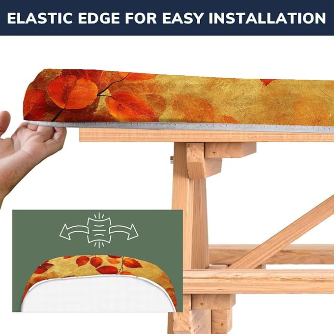 CAPSCEOLL Elastic Picnic Table Cover with Bench Covers 5Ft Waterproof Fitted Picnic Table Cover Cloths for Outdoors Camping Tablecloth with Drawstring Bag, 60X30in, Burnt Orange Leaves