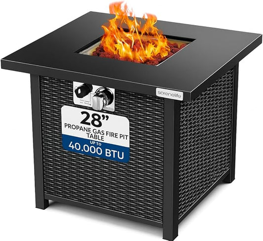 SereneLife Outdoor Propane Fire Pit Table - 40,000 BTU Square Gas Fire Table with Steel Top, Rattan-Style Panels, 6.6 lbs Lava Rock Set, Pulse Ignition for Patio & Backyard Heating, 28 x 28 x 24 in