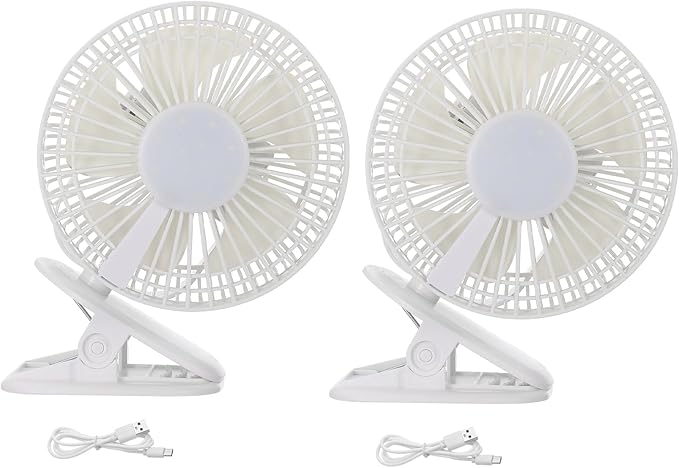 PATIKIL Portable Desk Fan, 2 Pcs Camping Fan 6 Inch with LED light 3 Speeds Strong Airflow Sturdy Clip Quiet USB Cord Powered for Tent Camping, Home and Office, White