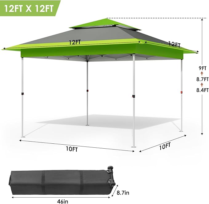 TLSUNNY 12X12 Pop Up Canopy Tent, Camping Shader W/Overhanging Eaves & Sand Bag, Outdoor Gazebo Shelter W/One Push Setup & Wheeled Bag, Height Adjustable, for Patio, Market, Party (Green, 12FTX12FT)