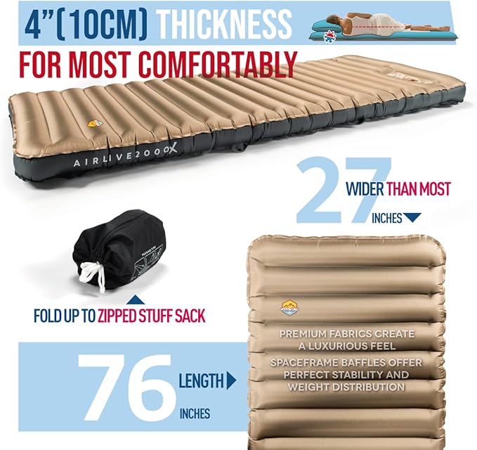 ZOOOBELIVES 3D Wrapping Inflatable Camping Sleeping Pad with Built-in Pump, Extra Thick and Wide, Ultimate Comfortable Compact Camp Air Mat for Tent, Car Traveling and Backpacking - Airlive2000X