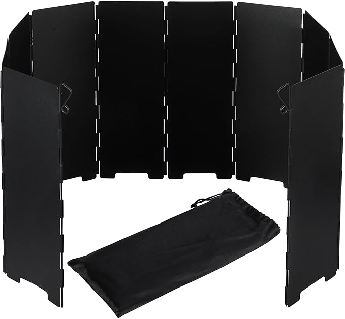 REDCAMP 9.5" High Folding Outdoor Stove Windscreen, 10 Plates Aluminum Camping Stove Windshield with Carrying bag, Lightweight Butane Burner Windshield, Black