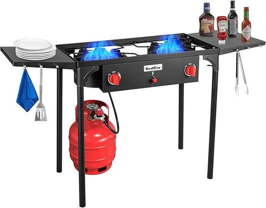 Bestfire 2 burner Camping Stove with Auto Ignition Button,Side Shelves & Regulator150,000 BTU Gas Stove Propane Burner With Removable Legs for Outdoor BBQ&Backyard Cooking Camping Home