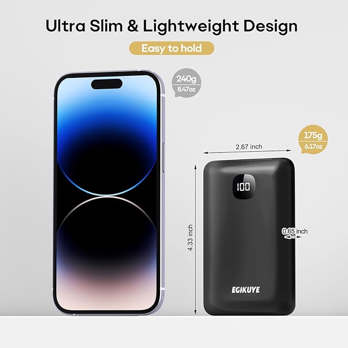 Portable Charger 10000mAh Power Bank with Digital Display, External Battery Pack with Built-in Cables, Ultra-Compact USB-C in&Out Travel Essential for iPhone, Android, Samsung etc