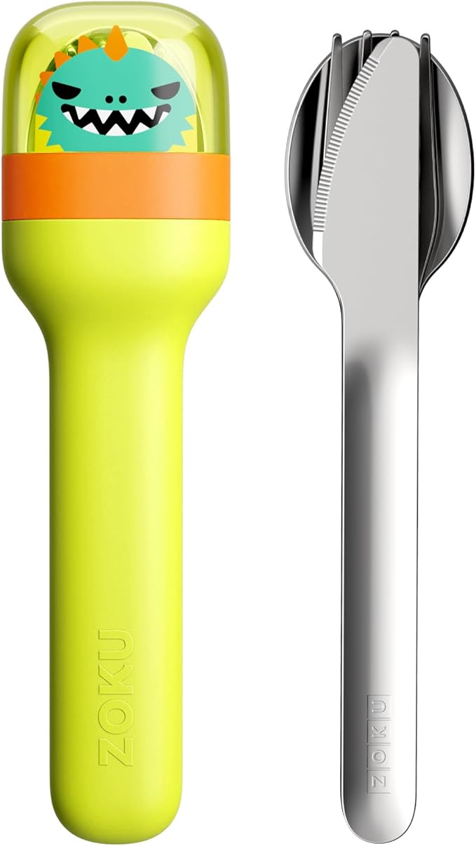 ZOKU Kids Pocket Utensil Set, Dino - Kids Silverware Set - Stainless Steel Fork, Knife, and Spoon in Case - Portable Design for Travel, School, Work, Picnics, Camping and Outdoor Home Use