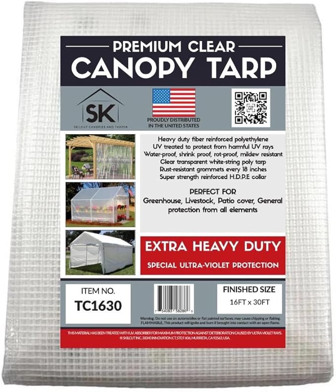 16 Mil Clear Poly Heavy Duty Tarp with Fiber Reinforcement - True Size Tarps with UV Protection, Tear Resistance, Flexibility, Reinforced Corners 16x30