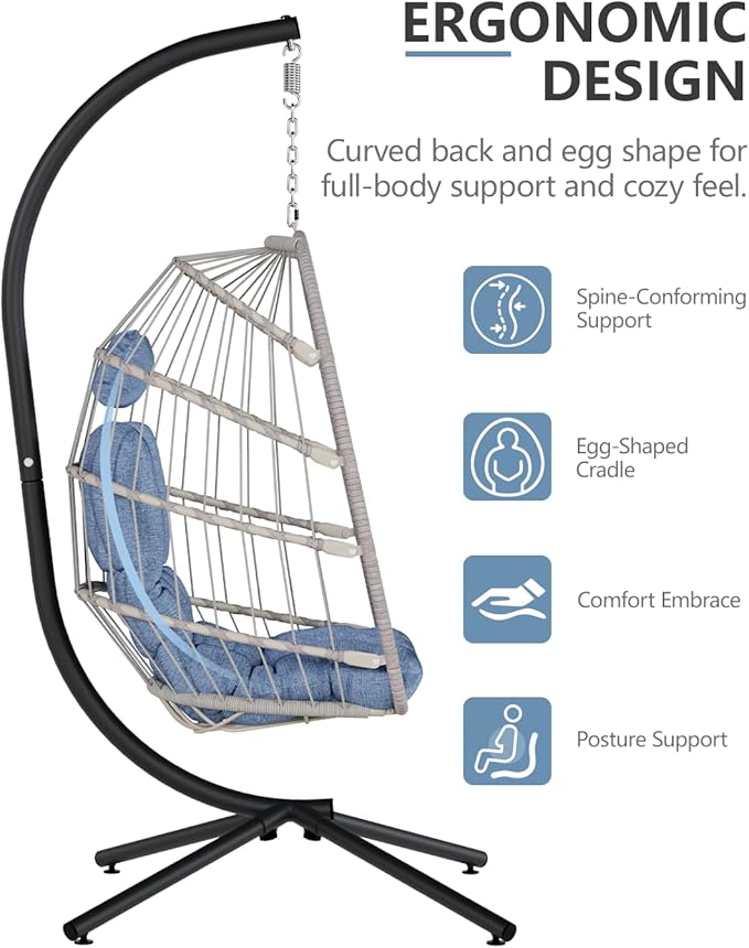 SWITTE Egg Chair Outdoor with Stand, Indoor Wicker Hanging Egg Swing Chair with Cushion, 350lbs Capacity for Patio, Bedroom, Garden - Light Blue