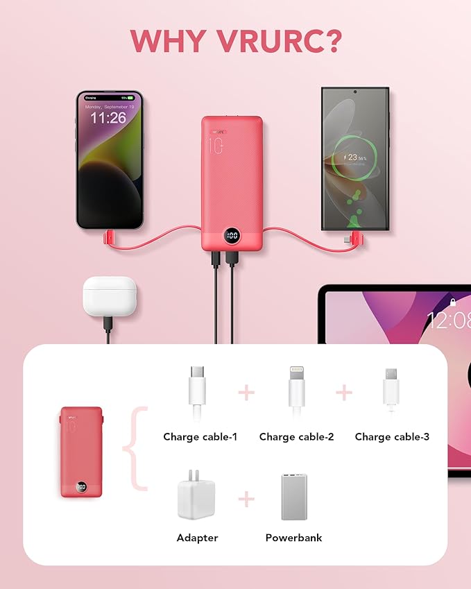 Portable Charger Built-in Cables and AC Wall Plug, VRURC USB C Power Bank 10000mAh, Travel Battery Portable Phone Charger Compact Lightweight External Battery Pack for SmartPhones,Tablets-Viva Magenta