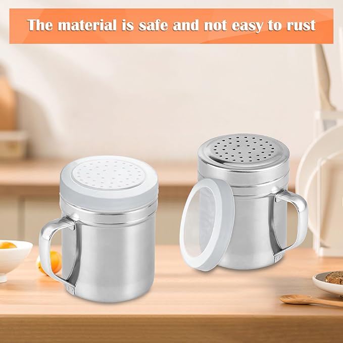 2Pcs Metal Salt Pepper Dredge Shakers, Stainless Steel Pepper Shaker Seasoning Jar With Handle, With Hole And Cover, Suitable For Pepper, Cinnamon And Coffee Spice Jars (Medium-10OZ)