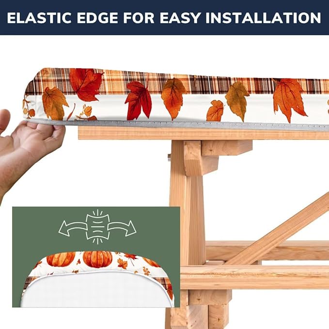 CAPSCEOLL Elastic Picnic Table Cover with Bench Covers 5Ft Waterproof Fitted Picnic Table Cover Cloths for Outdoors Camping Tablecloth with Drawstring Bag, 60X30in, Pumpkins Leaf
