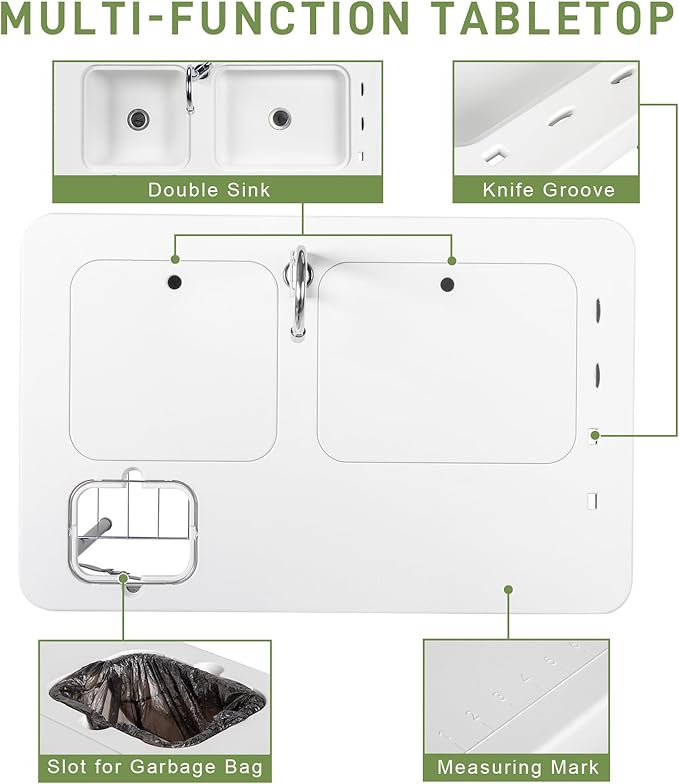 Outvita Folding Portable Camping Sink Table with Sink Faucet, Drainage Hose & Grid Rack, White