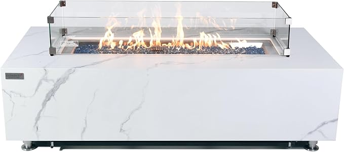 Elementi+ | Bundle Carrara Gas Fire Pit | Marble Porcelain & Metal Frame | 60" Rectangular Fire Table | Electronic Ignition | Canvas Cover, Fire Glass & Burner Lid Included | White | Natural Gas