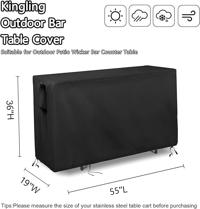 Kingling Outdoor Table Cover for Outdoor Bar Table, 55 Inch Waterproof Patio Bar Table Cover for Outdoor Prep Tables - 55''L x 19''W x 36''H