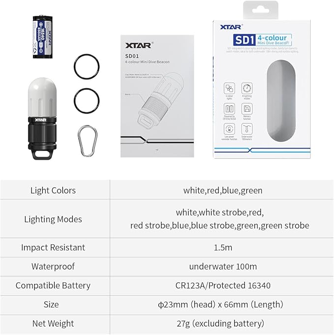XTAR SD1 Scuba Dive Strobe Beacon,4-Color-in-1 (White,Red,Blue,Green) 8 Modes Diving Signal Light Night Dive Flashing Marker Light,for 100M Underwater Diving (SD1 Set)