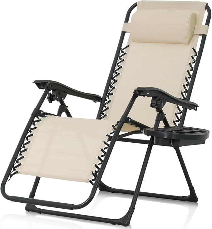 CAPHAUS Beige Zero Gravity Reclining Lounge Outdoor Chair, Zero Gravity Recliner, Anti-Gravity Chair for Indoor & Outdoor, Folding Reclining Chair w/Side Tray, Beige