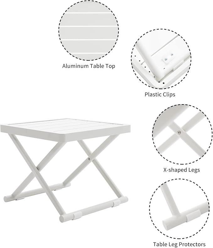 Outdoor Folding Table for Patio Square Side Table for Camping and Picnics Portable Aluminum Tables Foldable Small End Table, Creamy White