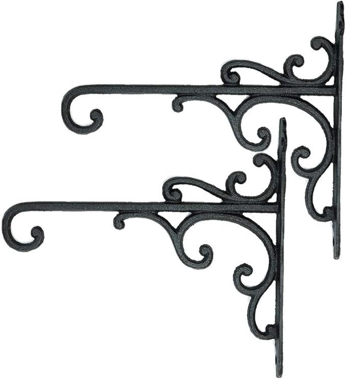 Sungmor Cast Iron Wall Hook Plant Hangers - Home & Garden Heavy Duty Hanging Bracket Plant Hooks - 2PC BLACK Decorative Wall Mount Hooks for Hanging Planter Pot Bird Feeder Birdcage Lantern Wind Chime