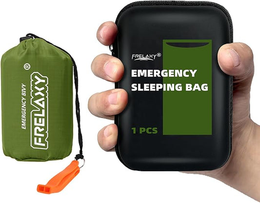 Frelaxy Emergency Sleeping Bag 1-Pack/2-Pack, Extra-Thick Compact Survival Bivy with Whistle, Storage Pouch, and EVA case, Perfect for Survival Kits (Army Green - 1 Pack)