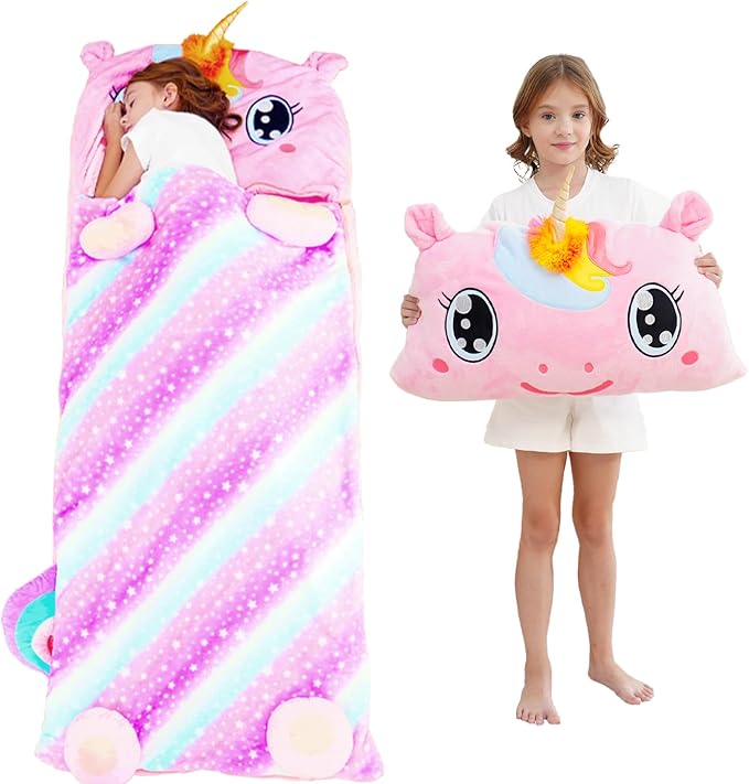 Kid Sleeping Bag with Pillow - Larger Toddler Nap Mat - Plush Slumber Bag for Boys Girls Daycare Preschool Kindergarten Birthday Gift Travel Sleepover Ages 3-12 Years