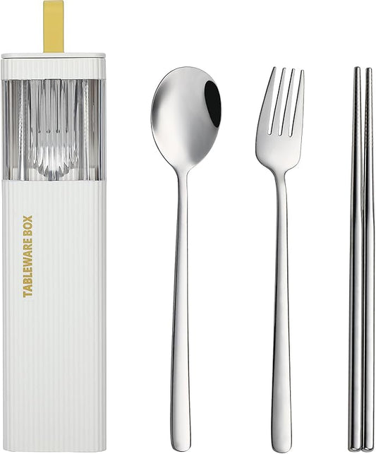 DEVICO Travel Utensils with Case, Stainless Steel Reusable Camping Silverware Set for Lunch Box, Portable Cutlery Kit Includes Fork, Spoon, Chopsticks (White)