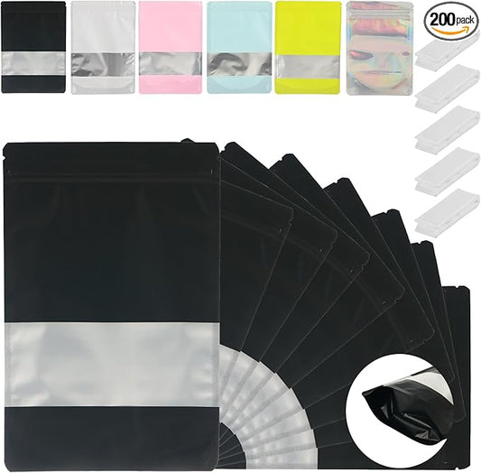 200 Pcs Mylar Bags for Food Storage 4x6 Mylar Bag with Window, Foil Stand Up Resealable Bags for Food, Smell Proof Bag Freeze Dried Candy Packaging Sealable Pouch Jewelry Bracelet Pouch Black