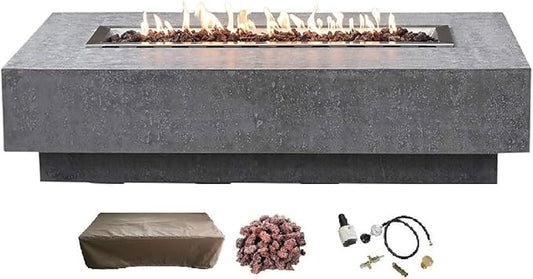 Elementi | Hampton Gas Fire Pit Cast Concrete 56" Rectangular Fire Table, Outdoor Fire Pit Electronic Ignition | Canvas Cover, Lava Rock Included | Light Gray (Propane Gas)