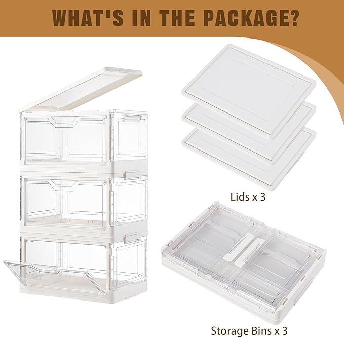 Stackable Plastic Storage Bins with Lids, Foldable Closet Organizers and Storage, 3 Drawer Storage Organizer，Clear Stackable Containers for Wardrobe,Bedroom,Office,Dorm