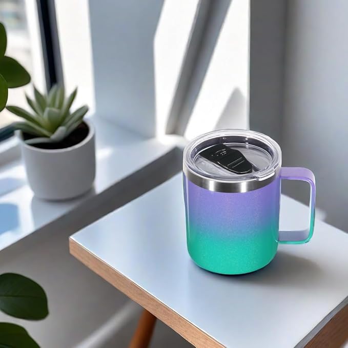 Volhoply 14oz Insulated Stainless Steel Coffee Mug with Lid Bulk 4 Pack,Double Wall Vacuum Travel Coffee Cup with Handle,Reusable Cups Tumbler,Camping Mugs Keep Hot,Ideal Gifts(Purple Green,4)