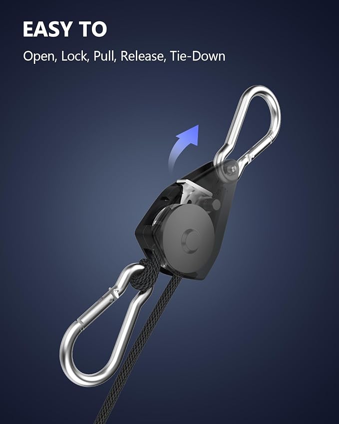 VIPARSPECTRA Retractable Heavy Duty Ratchet Tie Down Straps [12 Pack, 8ft, 75lbs/Pack], Rope Pulley System with Carabiner Hook Rope Adjuster for Hanging Plants/Grow Light/Tents Various Tie-Down Uses