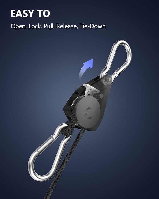 VIPARSPECTRA Retractable Heavy Duty Ratchet Tie Down Straps [4 Pack, 8ft, 75lbs/Pack], Rope Pulley System Rollers with Carabiner Hook for Kayak/Hanging Plants/Grow Light/Tents Various Tie-Down Uses